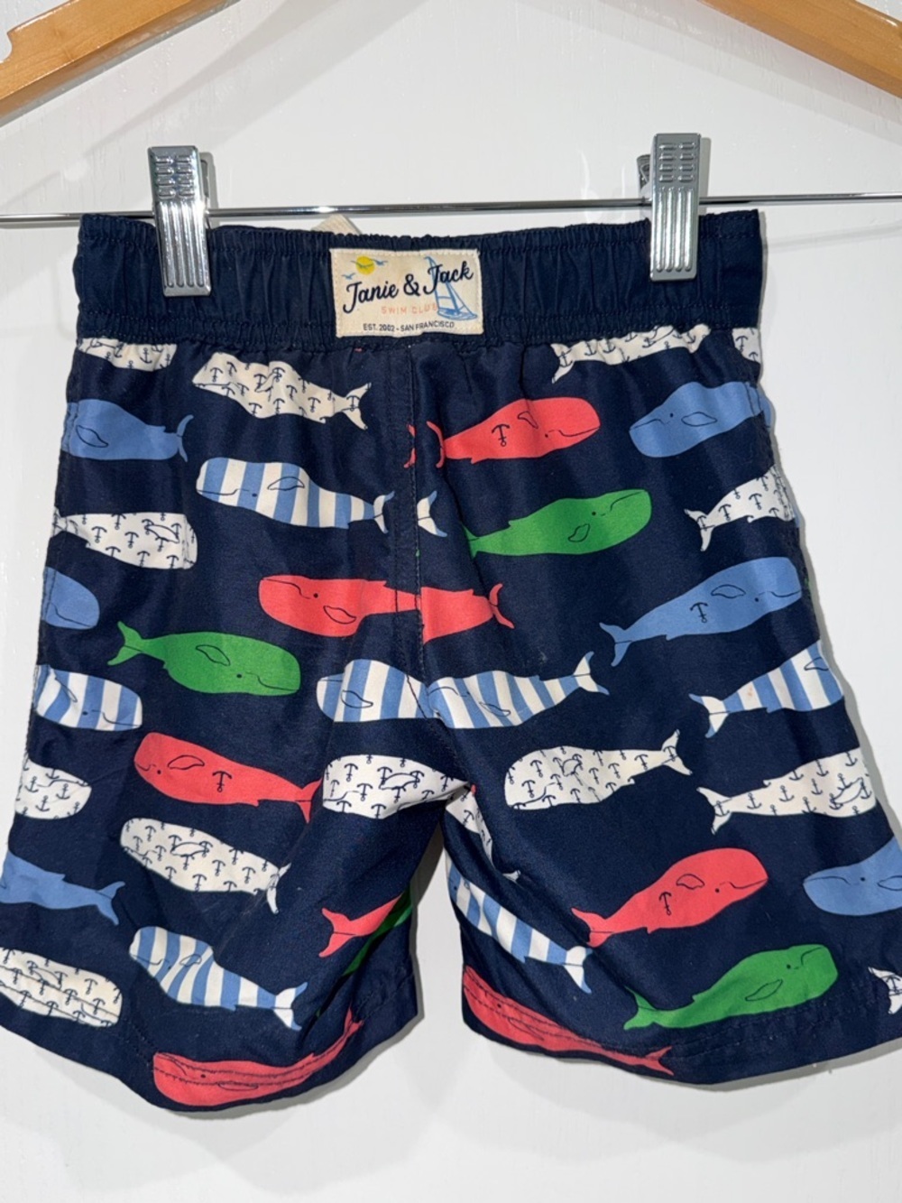 Janie and Jack Navy Whale Print Swim Shorts - Blue/Red/Green size 3 - Picture 2 of 5